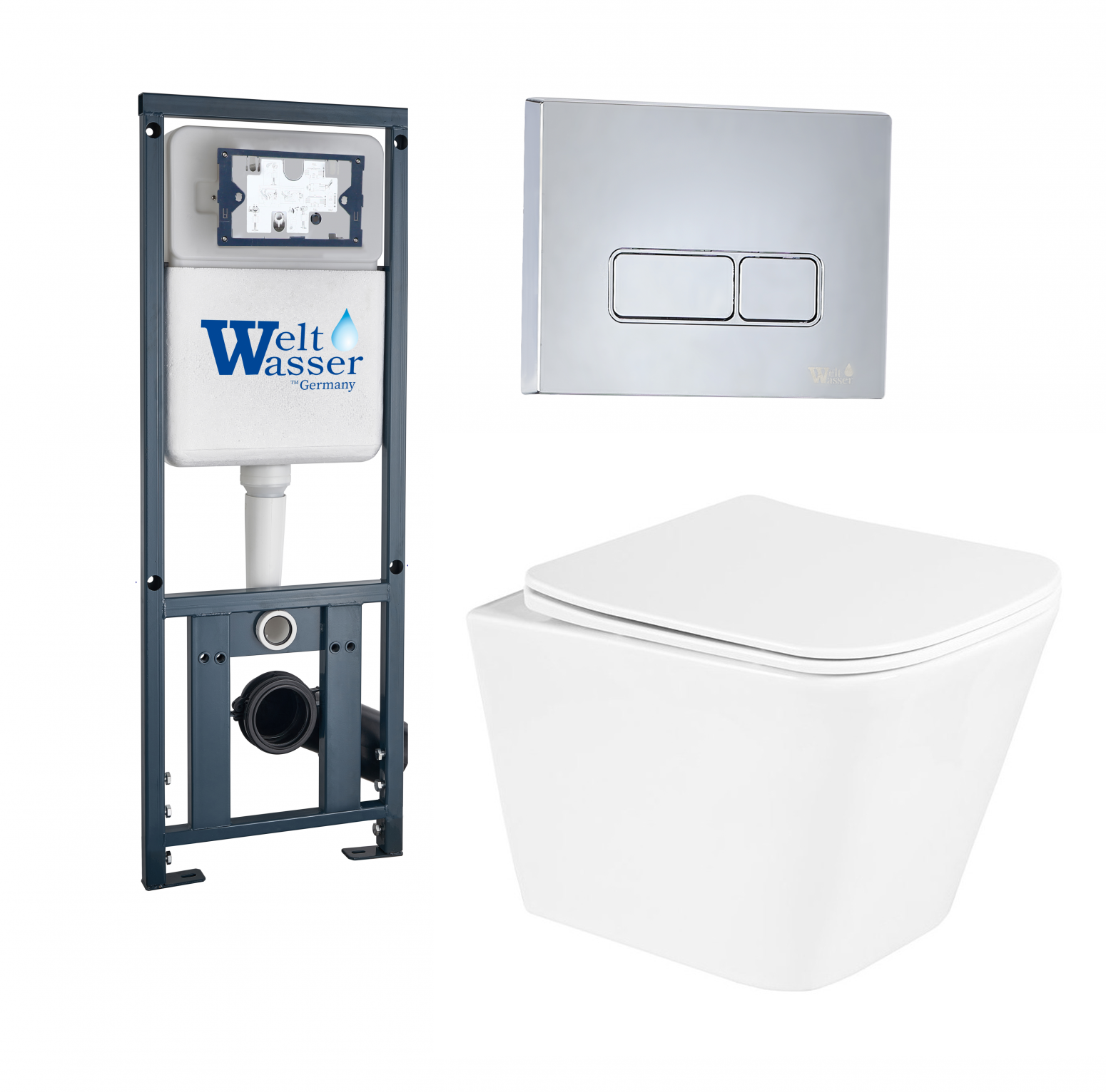 фото Комплект 3 в 1 инсталляция WeltWasser Marberg 410 + Подвесной унитаз BelBagno Due BB3103CHR/SC + кнопка хром SE