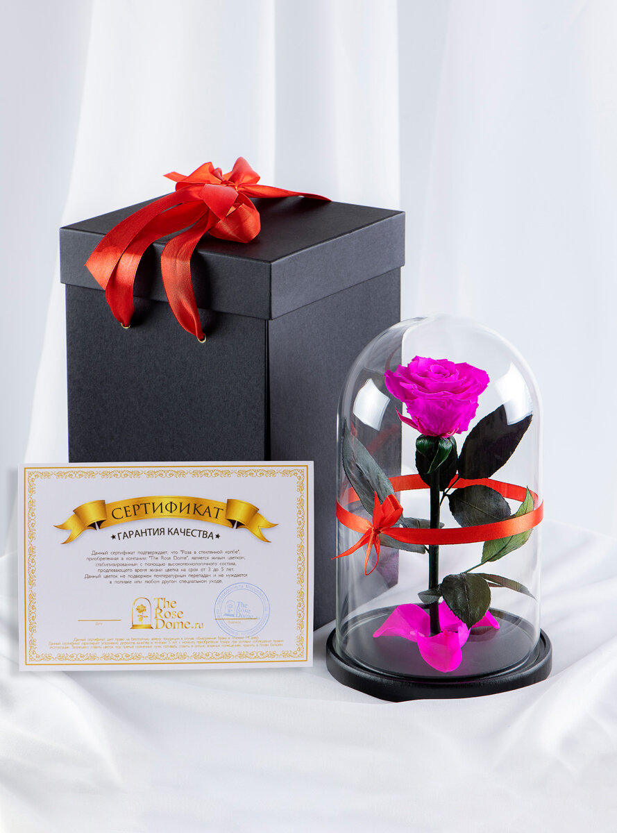 Живая Роза в колбе TheRoseDome Premium стабилизированная + подарочная коробка, цветок в колбе, вечная роза, подарок, декор для интерьера, цвет: ярко-розовая