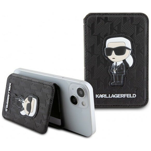 Karl Lagerfeld магнитный бумажник / картхолдер с подставкой Saffiano Monogram NFT Karl Ikonik Cardslot MagSafe, черный