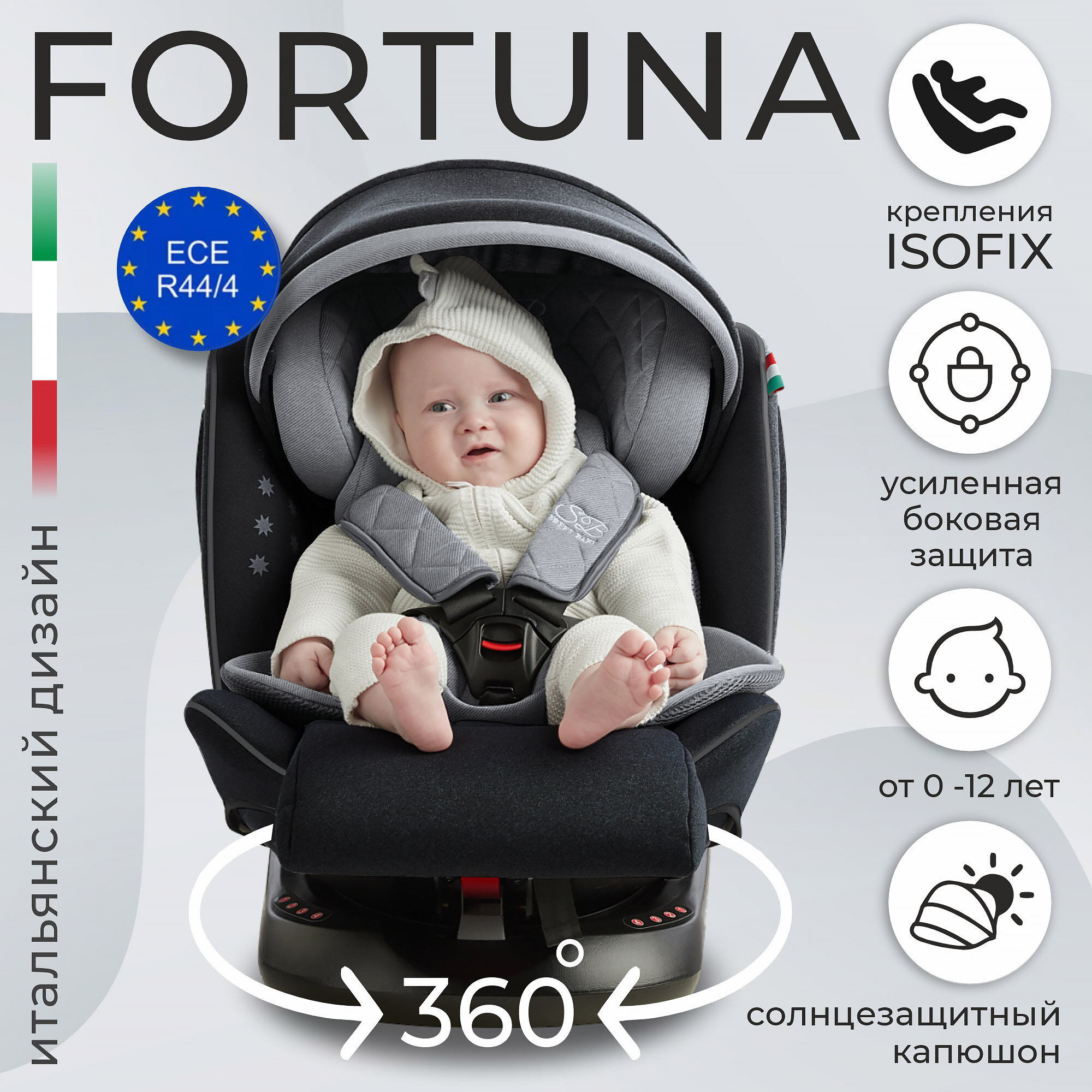 Автокресло группа 0123 (0-36) Sweet Baby Fortuna 360 SPS Isofix Grey/Black
