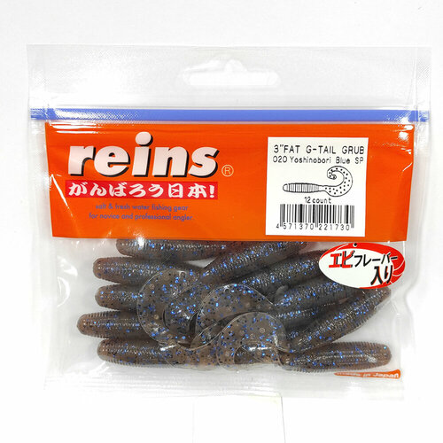 Силиконовая приманка REINS FAT G TAIL GRUB 3 Цв. 020-Yoshinobori Blue SP, 12 шт. пач. приманка силиконовая reins fat g tail grub 2 упак 20 шт 020 yoshinobori blue sp