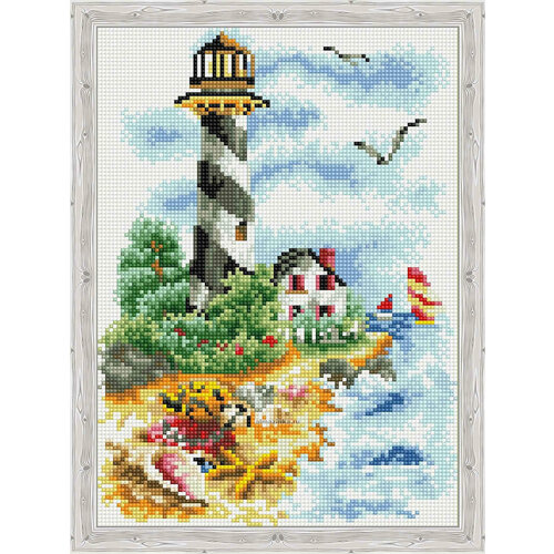 Алмазная мозаика Цветной «Чайки у маяка» (30х40 см, полная выкладка, круглые прозрачные стразы)