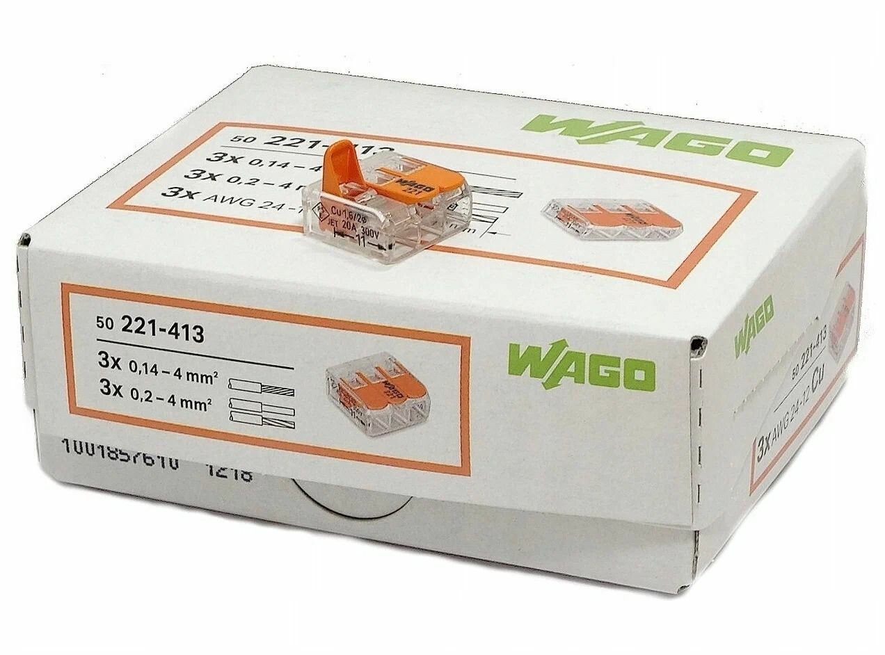 Клемма WAGO.221-413 без пасты для медных проводов 3х0,2.4мм. кв. оригинал ( 1 упаковка ) - 50шт