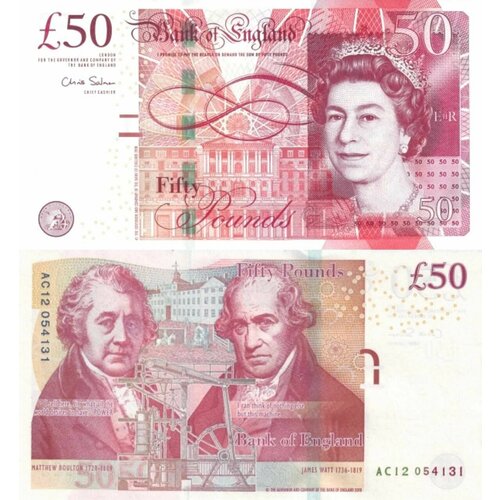 Банкнота Англия 50 фунтов 2010 года UNC банкнота номиналом 5 фунтов 2015 года шотландия unc