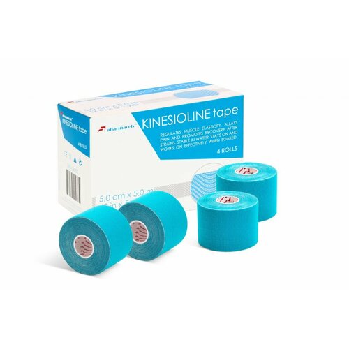 Кинезио тейп 5см х 5м голубой Pharmacels KINETICLINE Tape, 4 рулона кинезио тейп fitrule tape 5 cм х 5 м черный