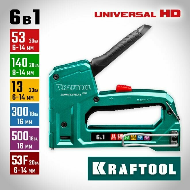 KRAFTOOL Universal-HD, 6-в-1: 53 (A/10/JT21) 23GA (6 - 14 мм)/140 (G/11/57) 20GA (8 - 14 мм)/13/53F/300/500, универсальный алюминиевый степлер (3188)