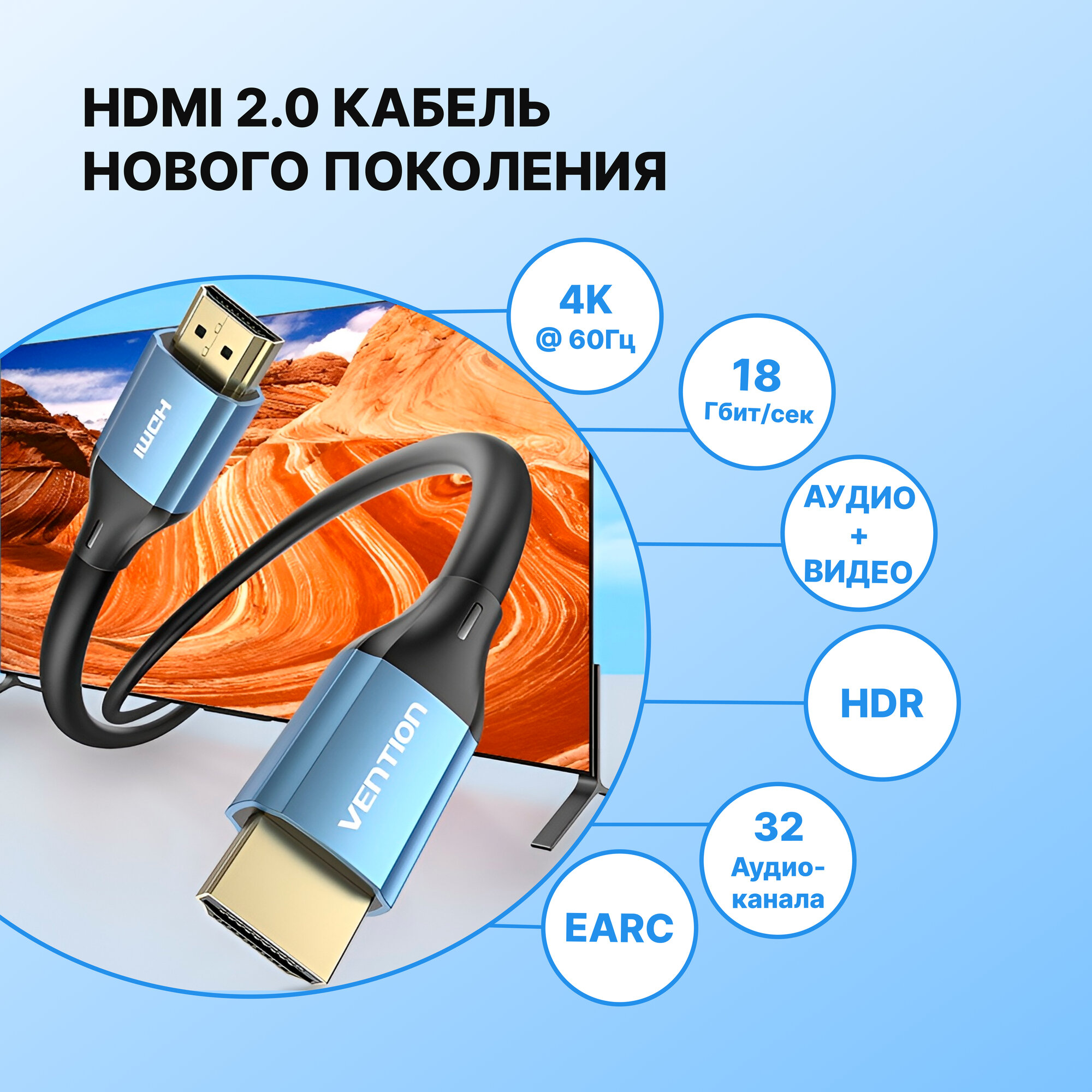 Кабель интерфейсный HDMI-HDMI Vention High speed v2.0 with Ethernet 19M/19M - 2м - фото №3