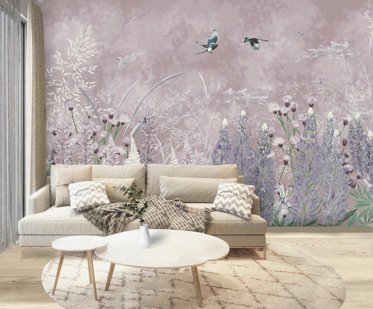 Фреска бесшовная "Акварельные люпины" розово-пудровые (ширина 3100мм х длина 2000мм)