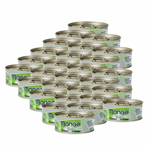 Влажный корм Monge jelly Adult cat для взрослых кошек с желтоперым тунцом и сурими, консервы 80 г х 28 шт.