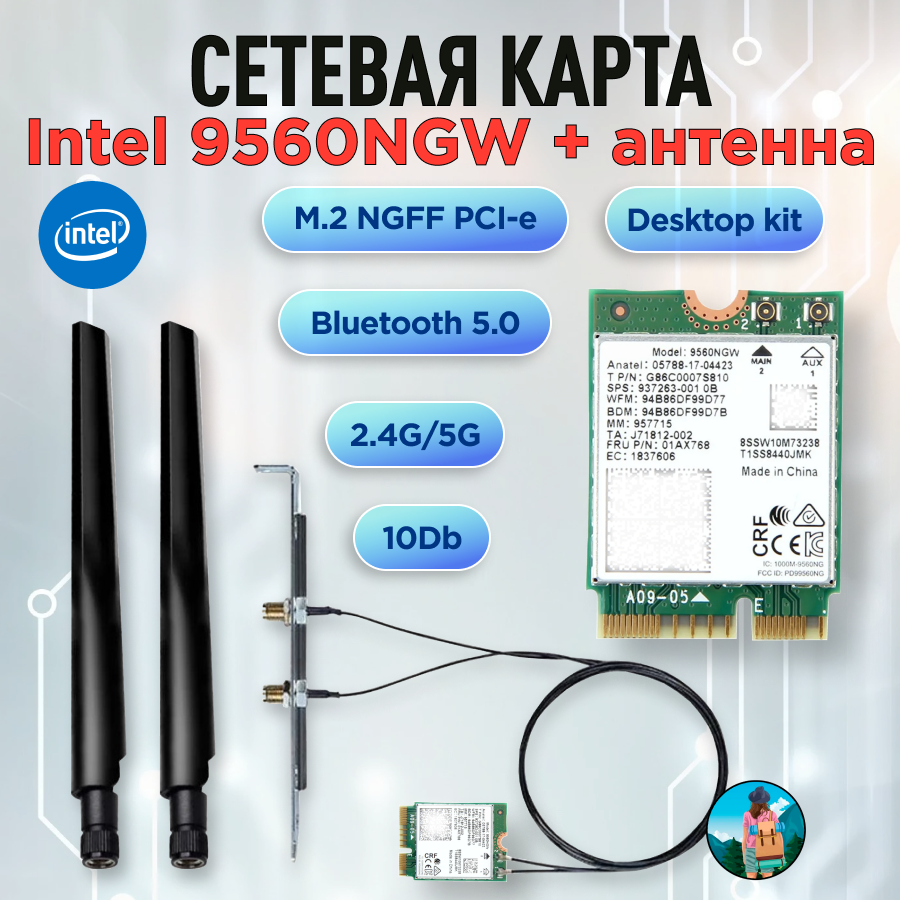 Двухдиапазонная сетевая карта Intel 9560NGW с антенной