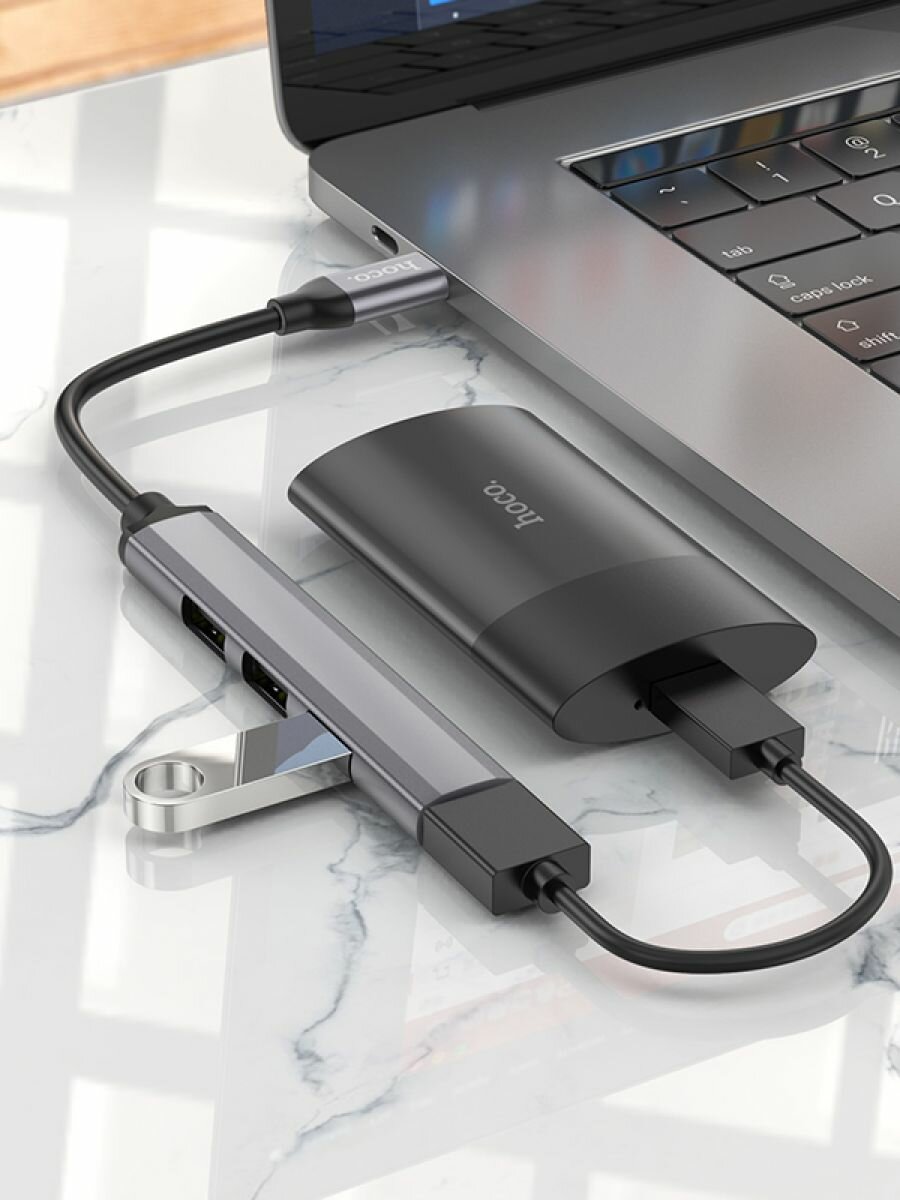 Type-C HUB Hoco HB26, 4 порта (3xUSB 2.0, 1xUSB 3.0), серый