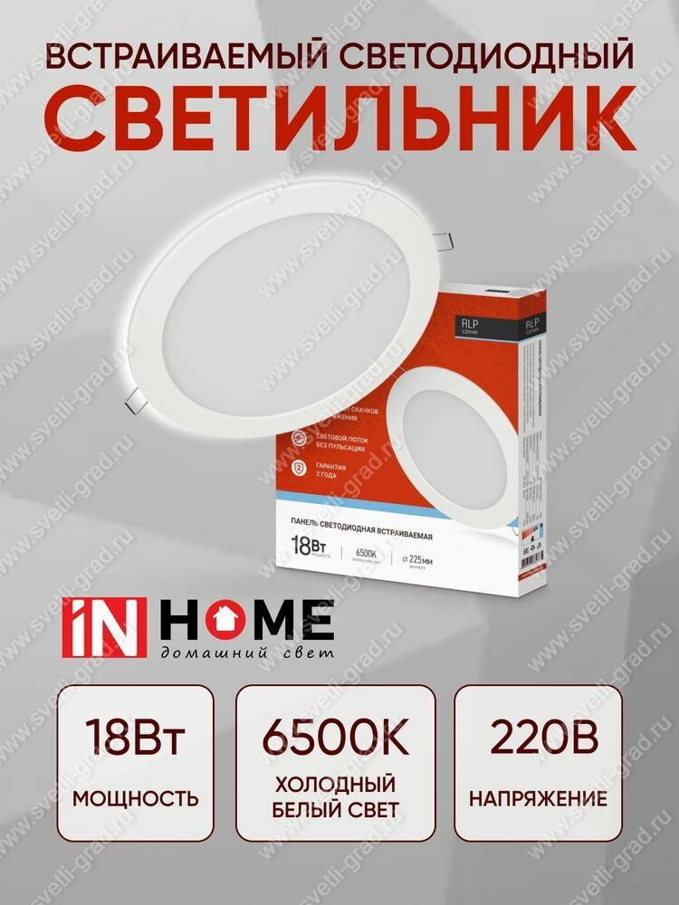 Панель светодиодная IN HOME встраиваемая круглая RLP 18Вт 230В 6500К 1080лм 225мм IP40, белая - фото №2