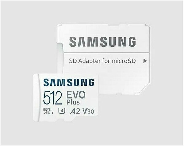 Карта памяти Samsung microSDXC 512 ГБ Class 10, V30, A2, UHS-I U3, R 130 МБ/с, адаптер на SD, 1 шт, белый