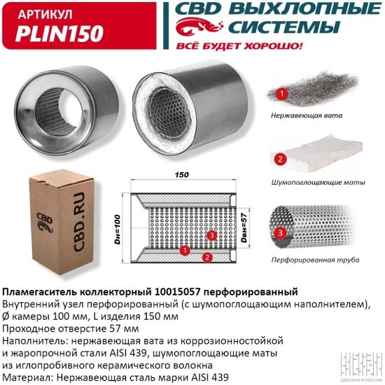 Пламегаситель Cbd коллекторный, перфорированный, нержавеющая сталь (D=57x100mm L=150mm), PLIN150