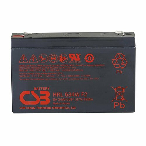 Батарея CSB серия HRL, HRL634W F2 FR, напряжение 6В, емкость 8.5Ач (разряд 20 часов), 34 Вт/Эл при 15-мин. разряде до U кон. - 1.67 В/Эл при 25 °С, макс. ток разряда (5 сек.) 130А, ток короткого замыкания 380А, макс. ток заряда 3.4A, свинцово-кислотная ти