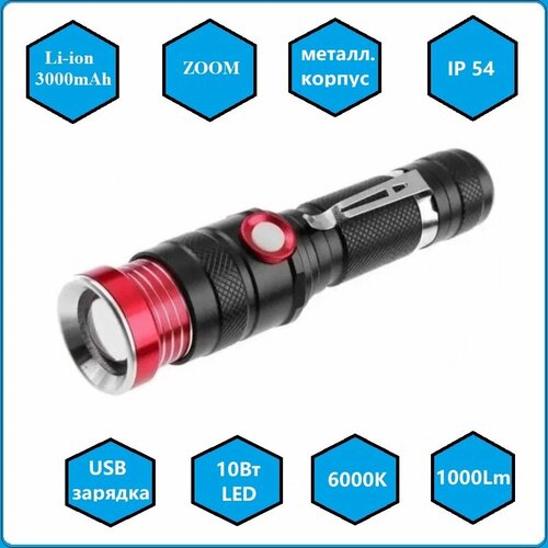 Фонарь светодиодный с ZOOM с аккумулятором 3000мАч металлический 1510₽