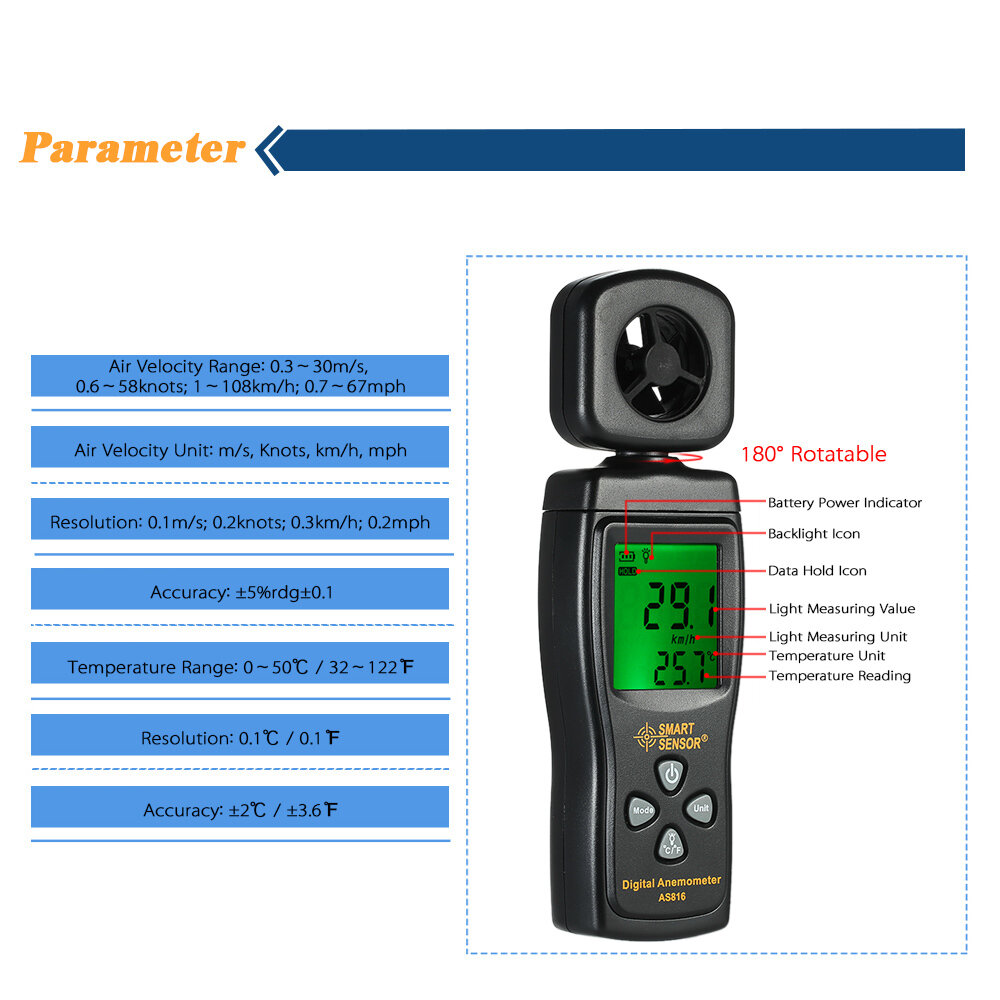 Изображение SMART SENSOR Mini Anemometer LCD Цифровой измеритель скорости ветра Измерение
