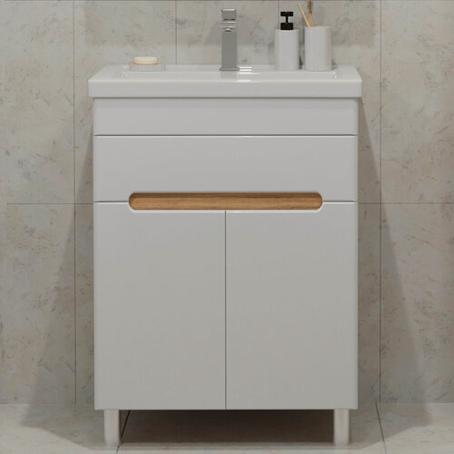 Изображение товара Тумба напольная SanStar Модена 70 с раковиной Фостер 70 (комплект) для ванной комнаты, белая, дуб вотан