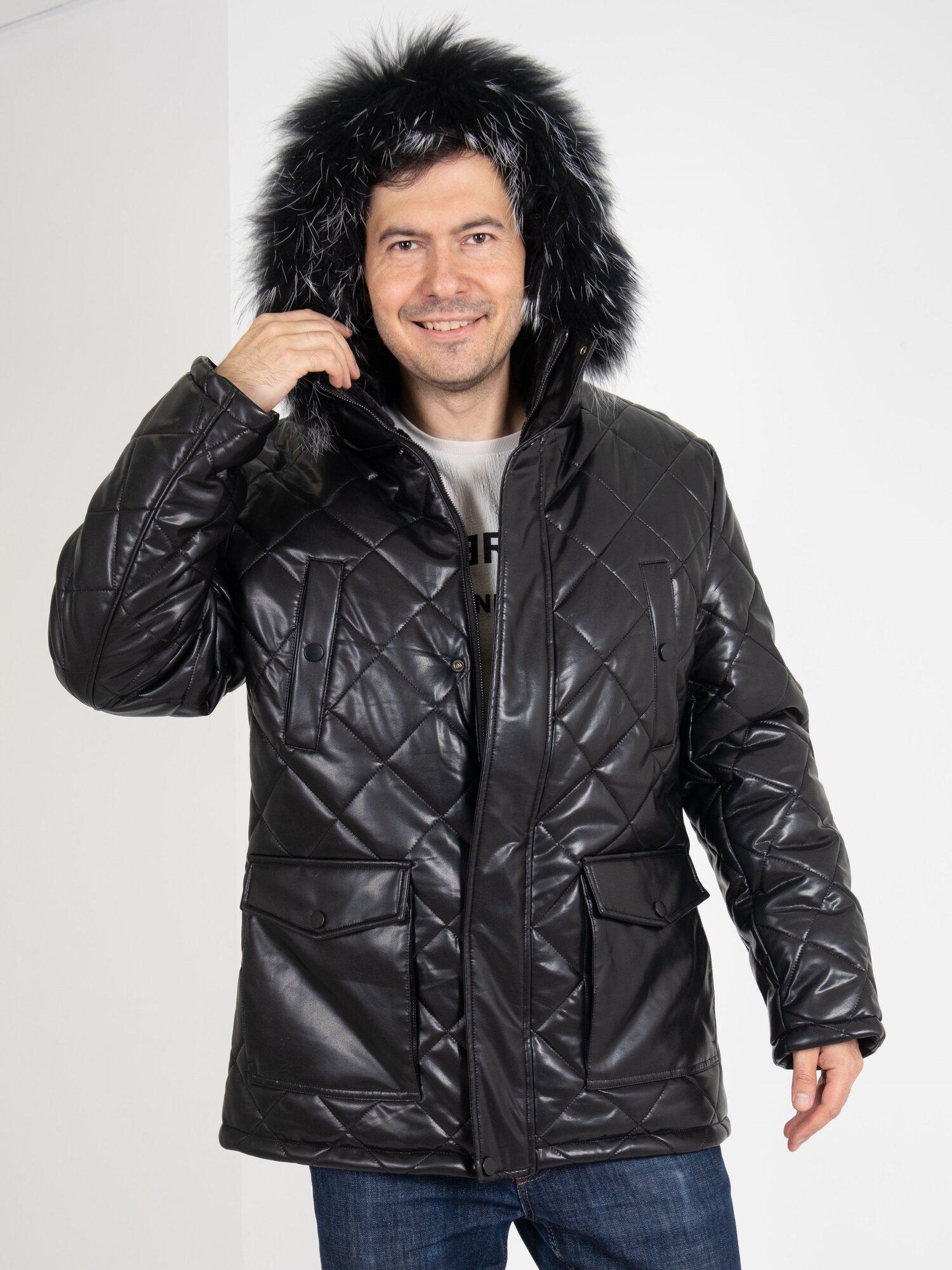 Куртка  Мужская зимняя куртка, размер 60, черная кожа — фото 1