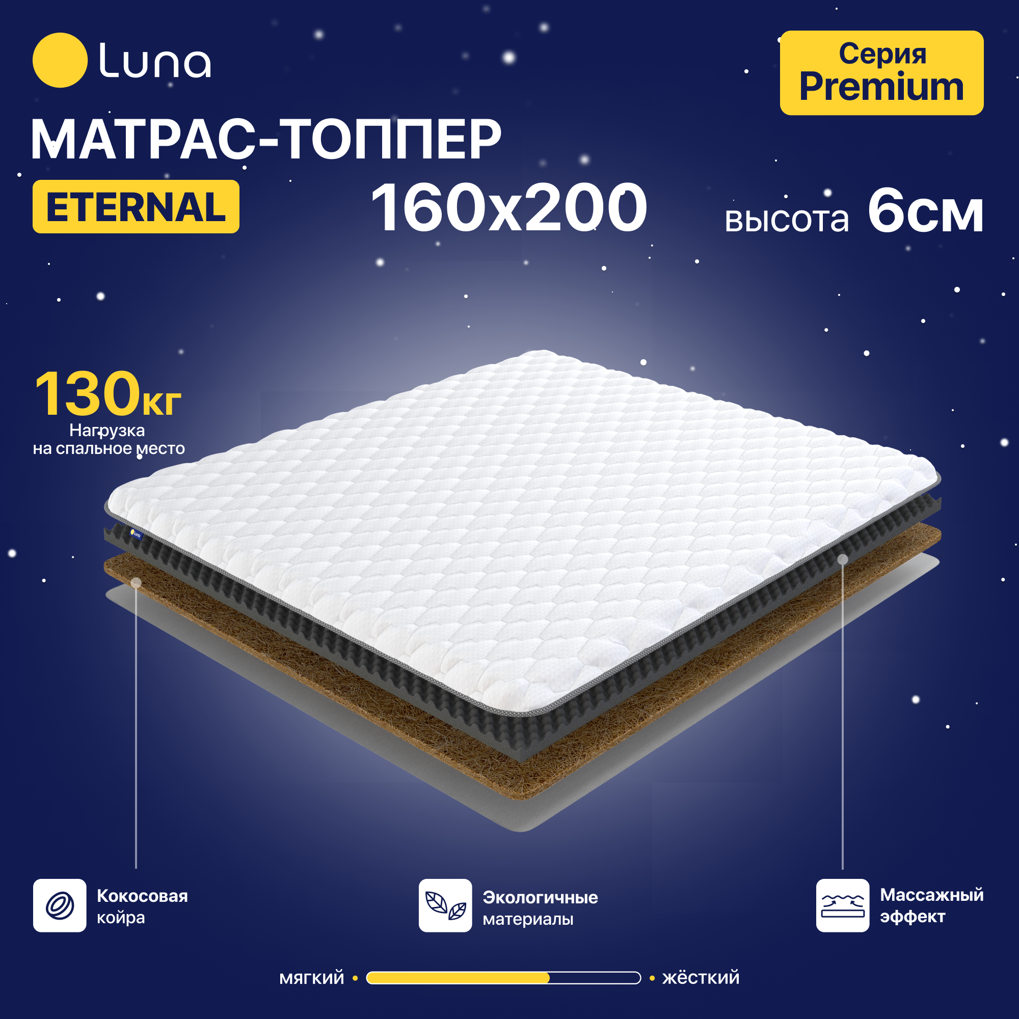 Матрас-топпер Luna Eternal 160х200 см, с кокосовой койрой, ортопедический, с фиксирующими резинками, с массажным эффектом, анатомический, высота 6 см