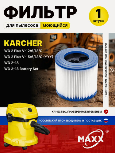 Изображение товара Патронный фильтр синтетический, моющийся для пылесоса Karcher WD 2 Plus V-12/4/18, S V-15/4/18, V-15/4/18