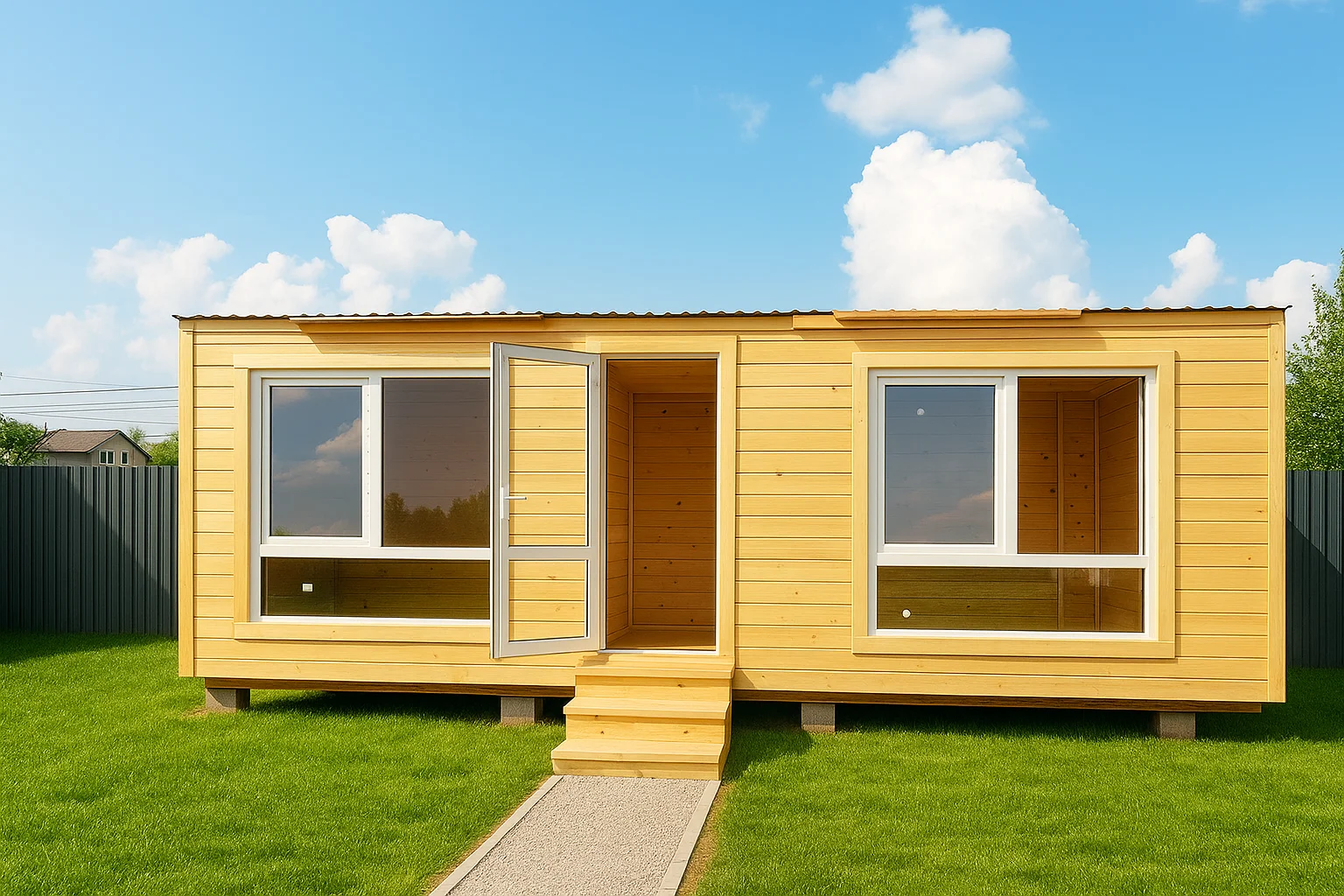 Бытовка на дачу для проживания с панорамными окнами утепленная вагонка