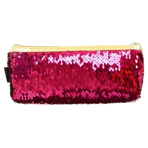 фото Пенал школьный "пайетки", на молнии, двухцветный (малиново-серебристый), с ручкой нет бренда