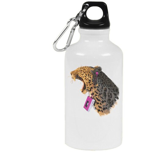 Бутылка с карабином CoolPodarok Животные Леопард с розовым плеером