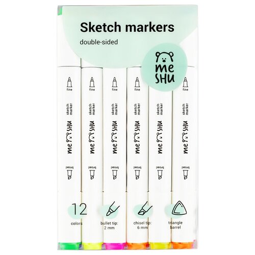 Набор маркеров для скетчинга MESHU, 12цв, основные и флуоресцентные цвета
