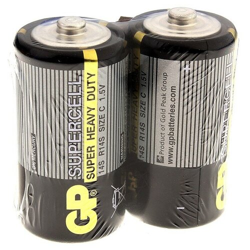 GP Батарейка солевая GP Supercell Super Heavy Duty, C, 14S / R14, 1.5В, спайка, 2 шт. батарейка дюймовочка 2шт блистер c r14 солевая zinc heavy duty 1 5v