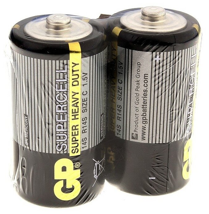 GP Батарейка солевая GP Supercell Super Heavy Duty C 14S / R14 1.5В спайка 2 шт.