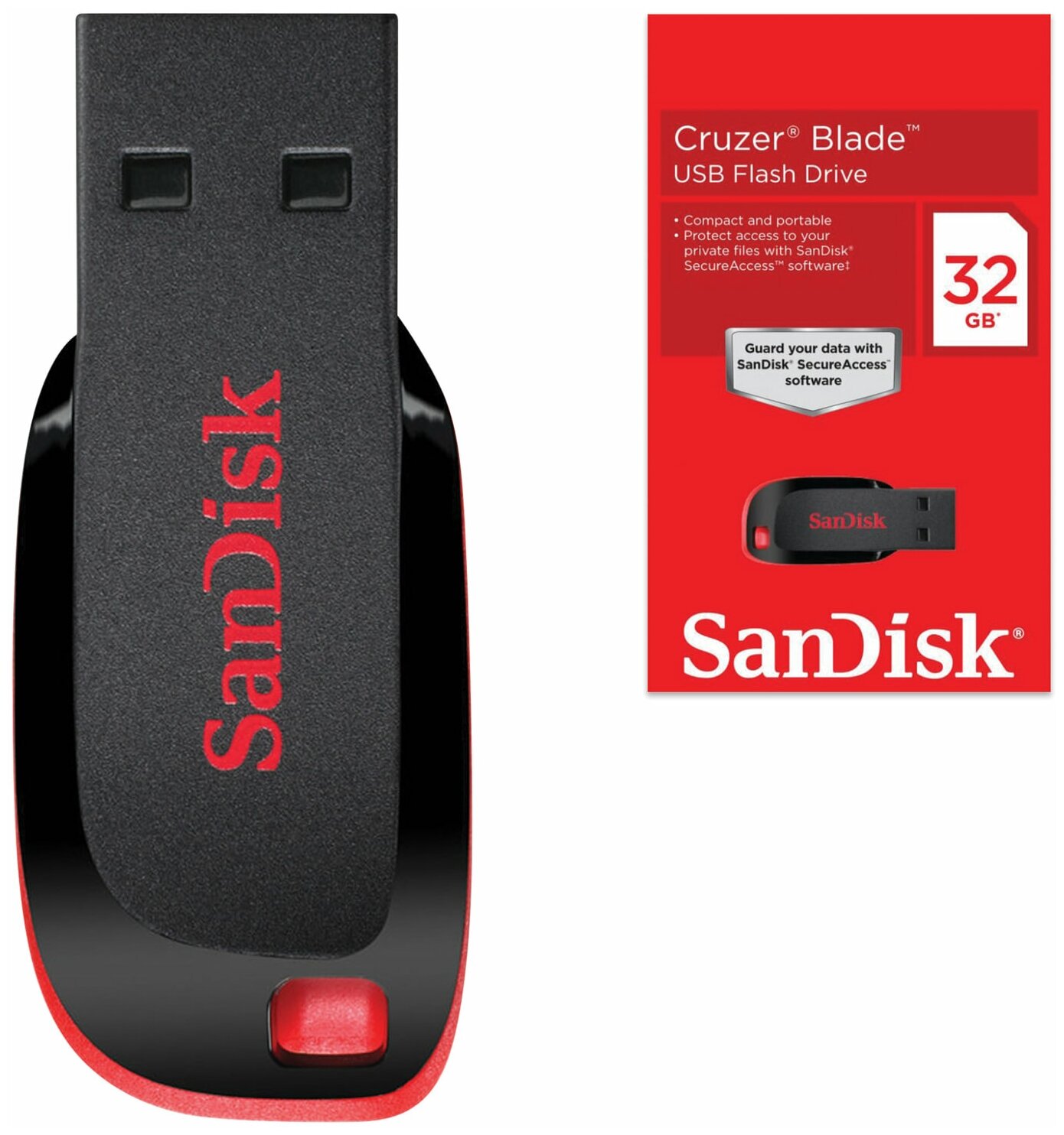 Флеш-диск 32 GB, SANDISK Cruzer Blade, USB 2.0, черный/ красный, SDCZ50-032G-B35