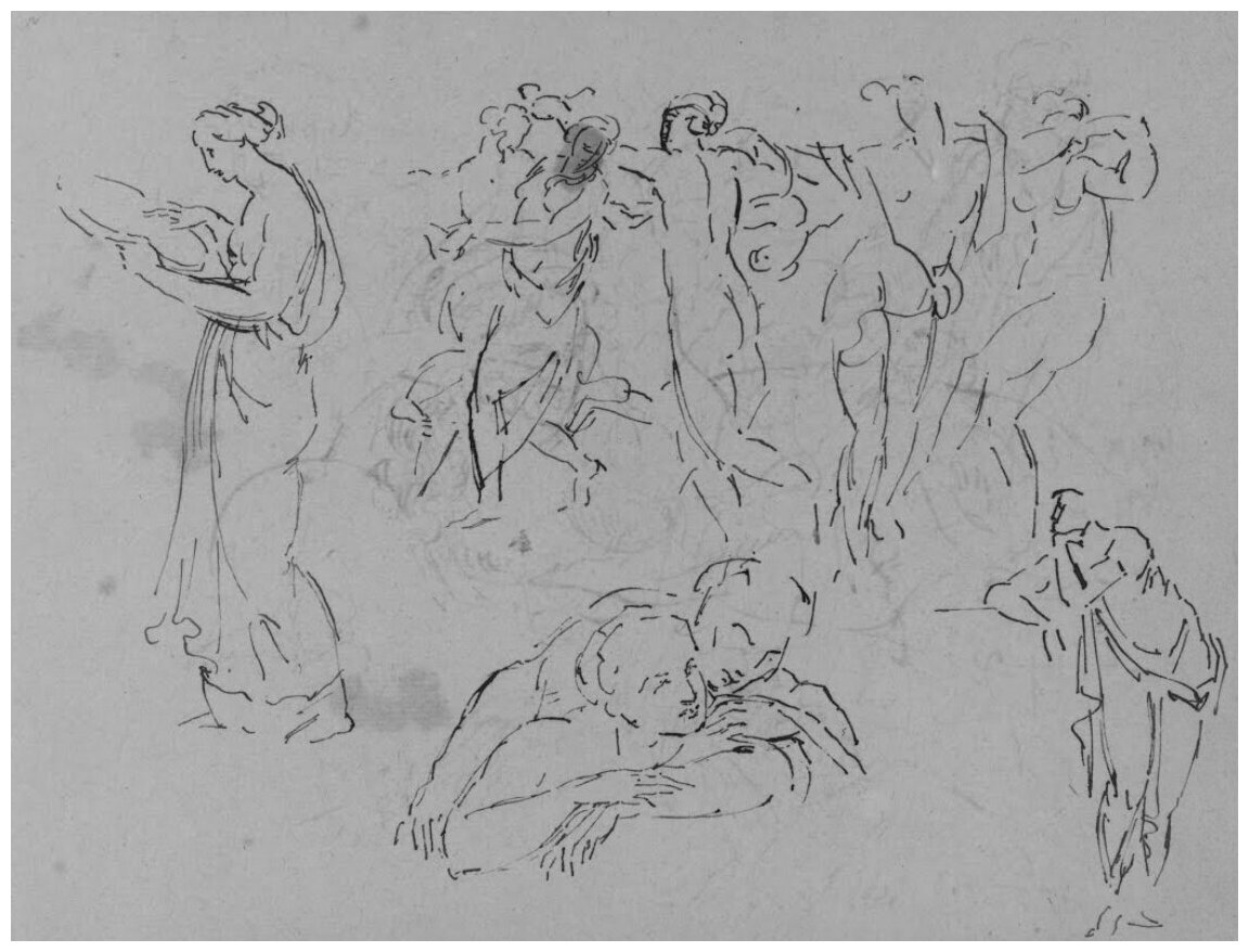 Репродукция на холсте Наброски двух женщин мужчины сражающегося со зверем два фрагмента мебели (из альбома для эскизов) Салли Томас 53см. x 40см.