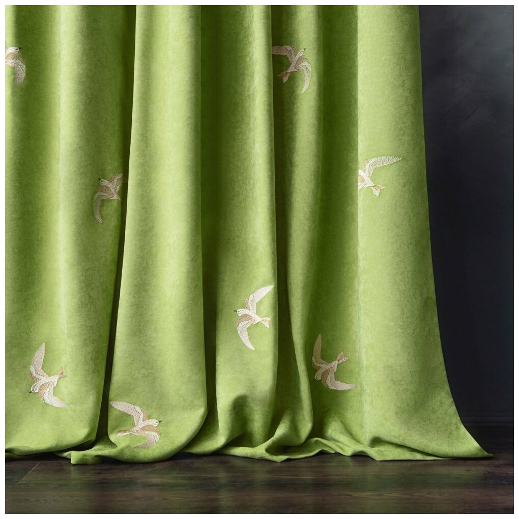 Комплект штор с вышивкой Либерти зеленый - фотография № 3