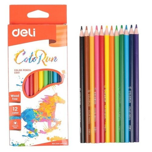 Deli Карандаши 12 цветов Deli ColoRun, трёхгранные, пластиковые, европодвес