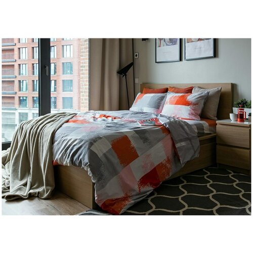фото Комплект постельного белья grazia textile sketch, дуэт семейный, смесовая ткань, 2 наволочки 50х70, светло- серый, оранжевый, геометрический