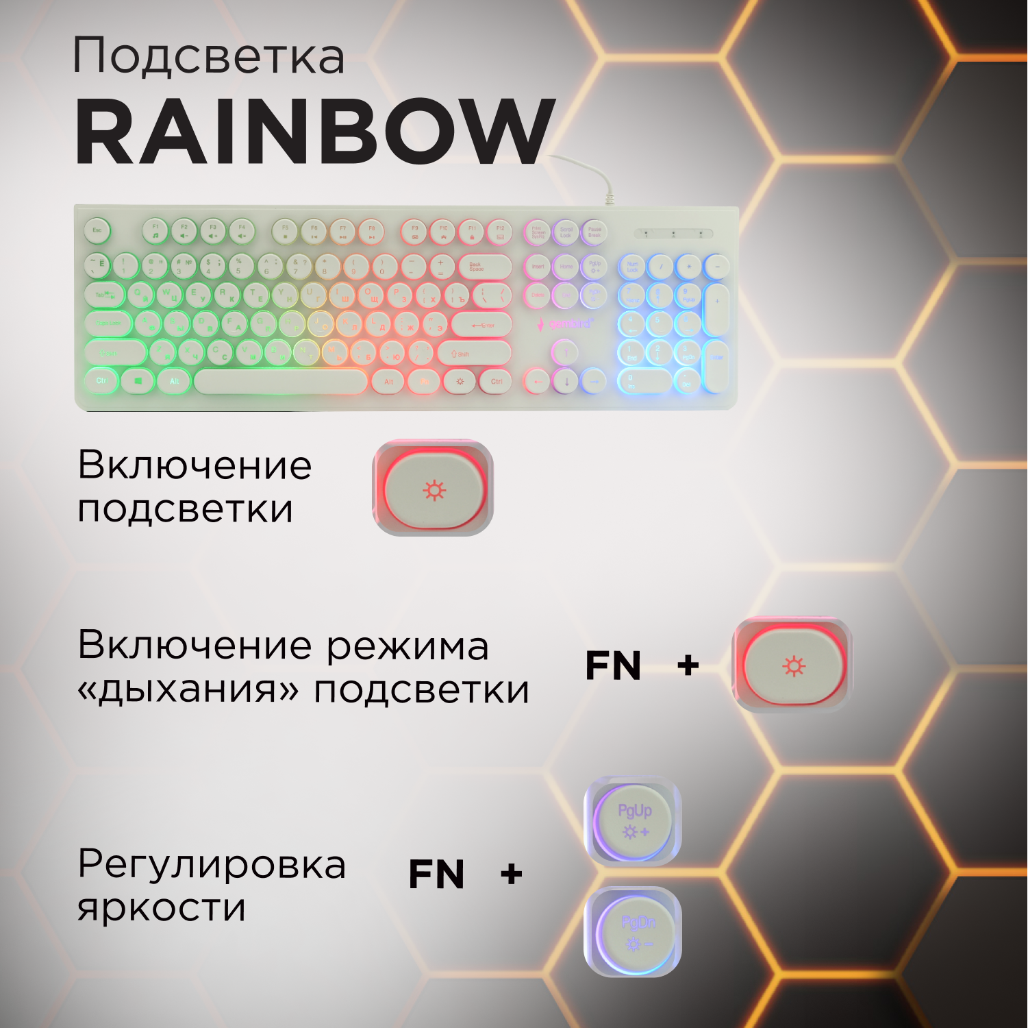 Клавиатура с подсветкой Gembird USB подсветка Rainbow кабель 1.5м белый KB-240L-W