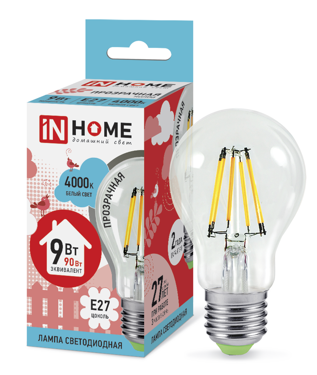 Светодиодная LED лампа нитевидная IN HOME A60 E27(е27) 9W (Вт) 4000K 810lm 107x60 220V filament прозрачная 4690612008073 - фотография № 10