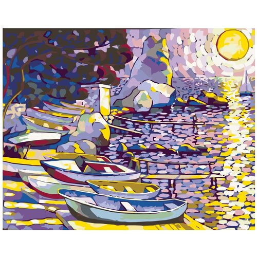 Лодки под луной Раскраска картина по номерам на холсте картина по номерам красный кот в море под луной