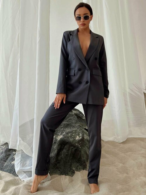 Костюм Blazer, жакет и брюки, классический стиль, полуприлегающий силуэт, пояс на резинке, размер 42, серый