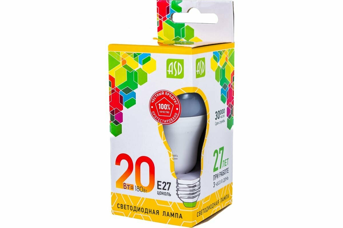 Лампа светодиодная LED-A60- standard 20Вт грушевидная 3000К тепл. бел. E27 1800лм 170-265В ASD 4690612004198