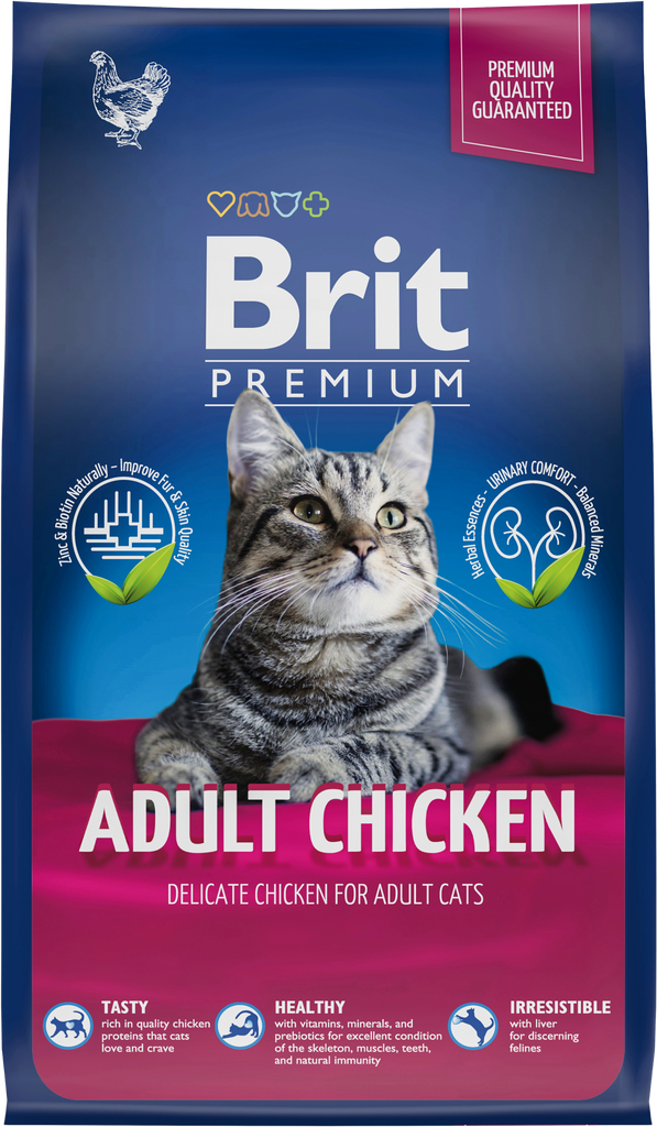 Корм сухой для взрослых кошек BRIT Premium Cat Adult Chicken с мясом курицы, 800г