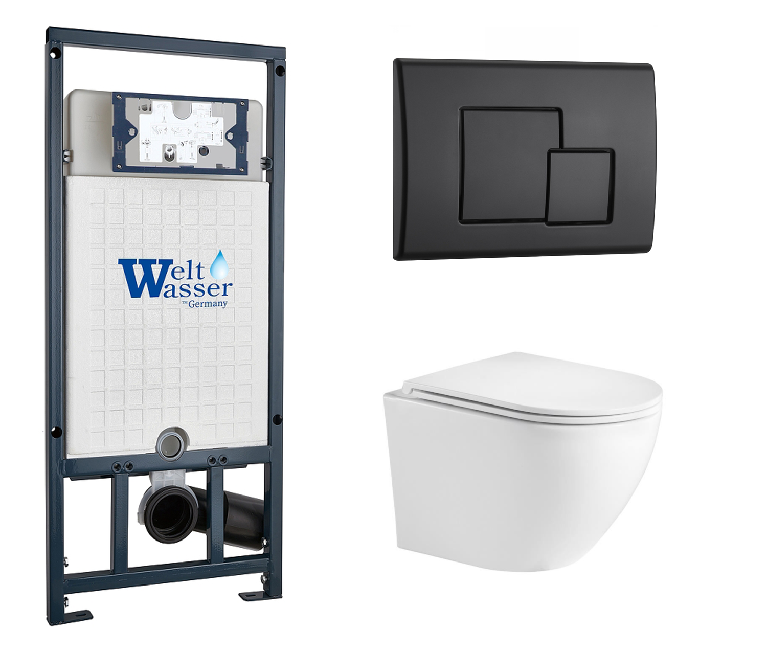 фото Комплект 3 в 1 инсталляция WeltWasser WW Marberg 507 + Подвесной унитаз WeltWasser Merzbach 043 GL-WT с кнопкой черной SE 10000005949 + 10000010239 + 10000010238