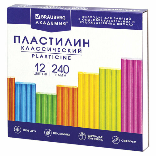 Пластилин классический BRAUBERG академия классическая, 12 цветов, 240 г, стек, высшее качество, 106423 упаковка 8 шт.