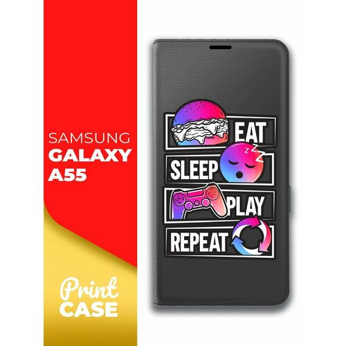 Чехол на Samsung Galaxy A55 (Самсунг Галакси А55) черный книжка эко-кожа подставка отделение для карт магнит Book case, Miuko (принт) Киберспорт