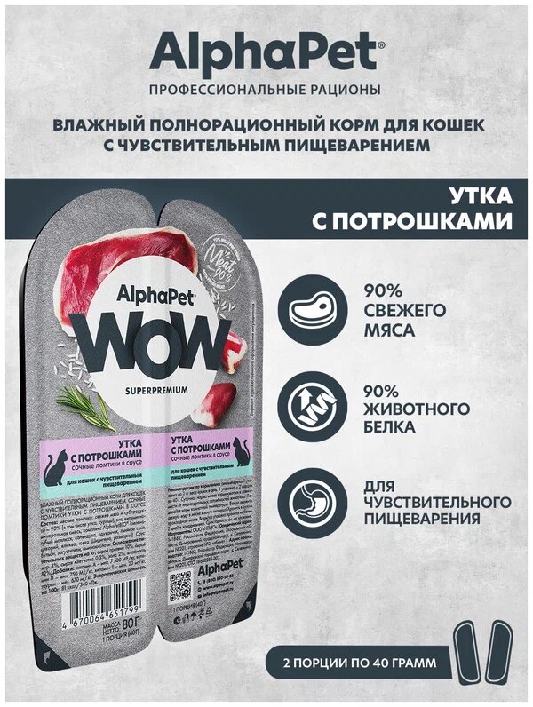 AlphaPet WOW Superpremium Влажный полнорационный корм для кошек с чувств. пищеварением Утка с потрошками сочные ломтики в соусе 80г (Упаковка 15 блистеров)