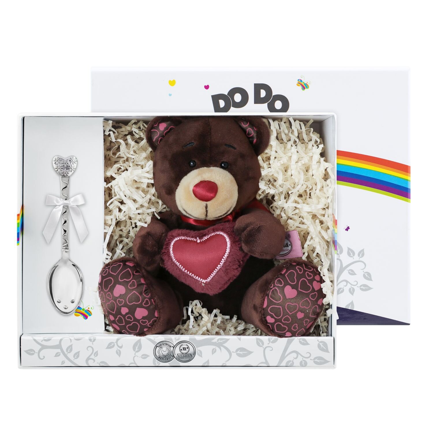 Набор детский "Медвежонок" 2 предмета (игрушка Мишка Choco и ложка серебряная Сердце) в футляре