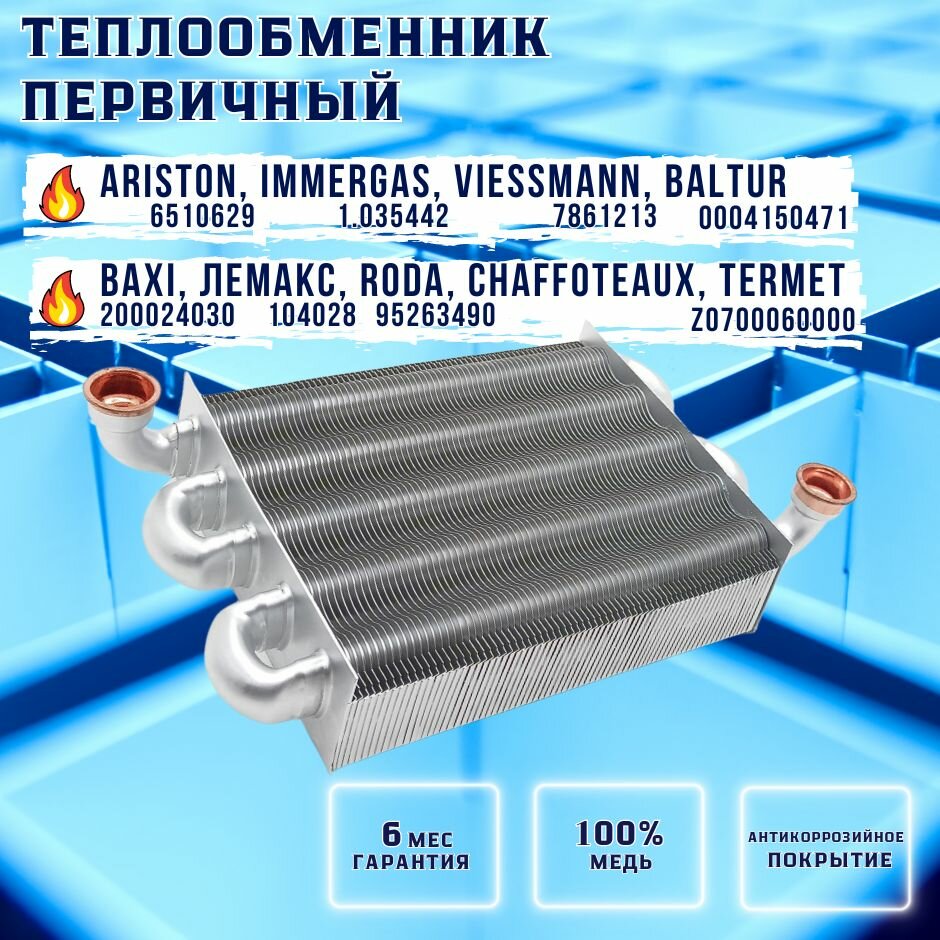 Теплообменник первичный для ARISTON Clas, BS II, Matis 65106297, 65113396, CHAFFOTEAUX, IMMERGAS Mythos 1.035442