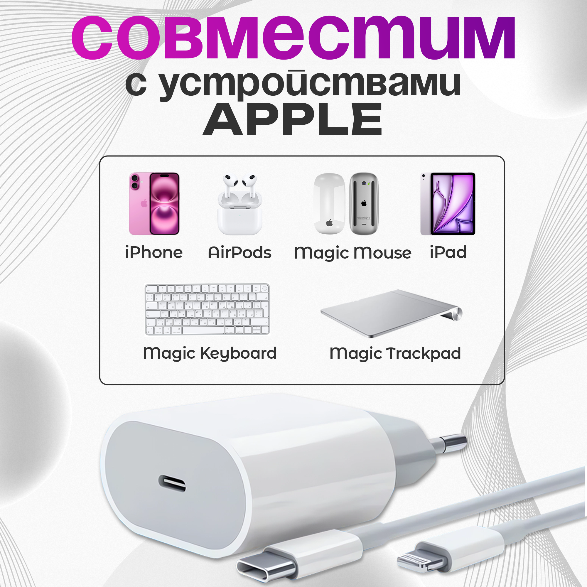 Быстрая зарядка для iPhone 20W с кабелем 1 метр Lightning и Type-C — фото 1