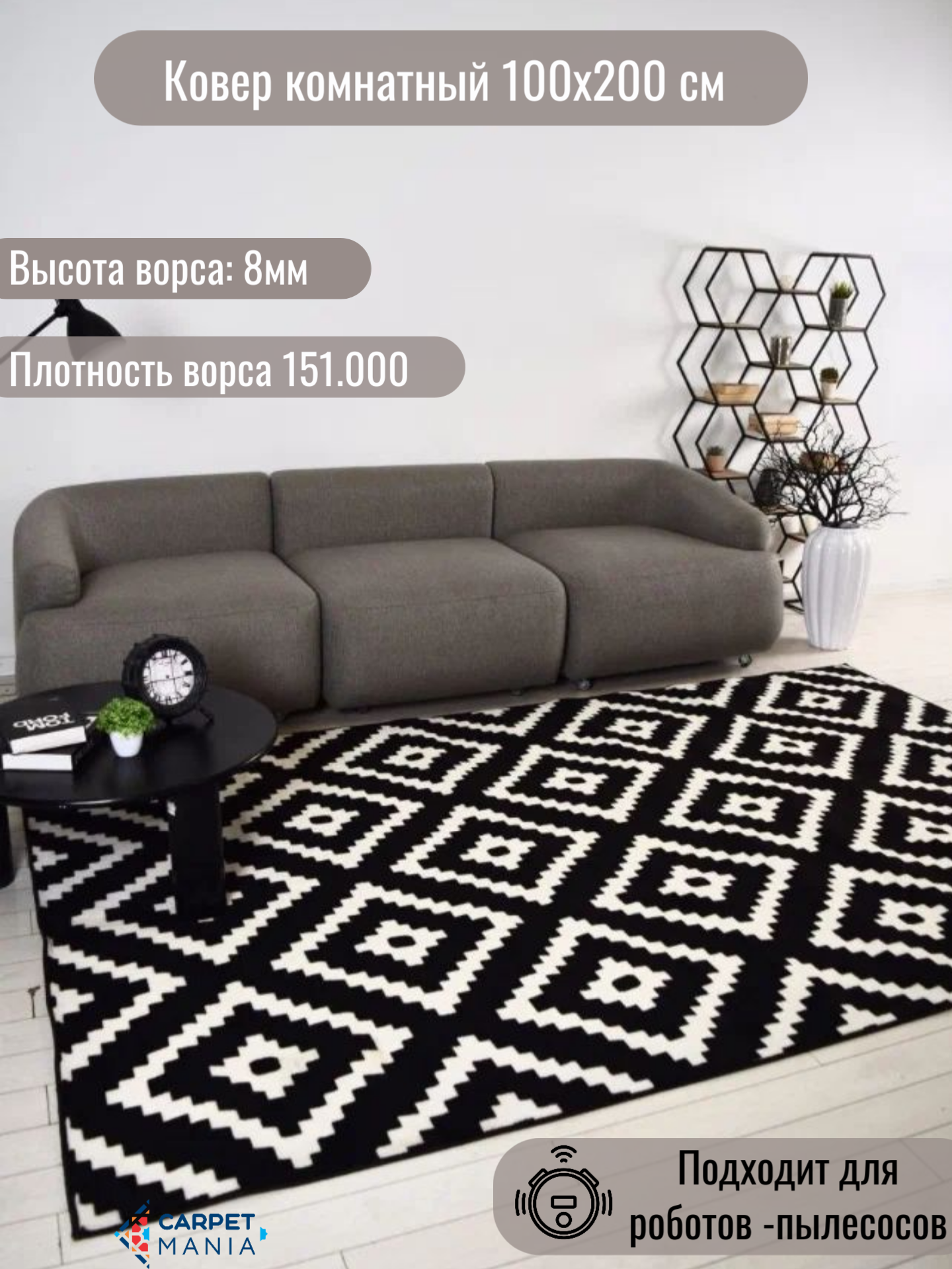 Ковер на пол прямоугольный 15767 Black-White 100 x 200 см комнатный, на пол, в прихожую, коврик придверный